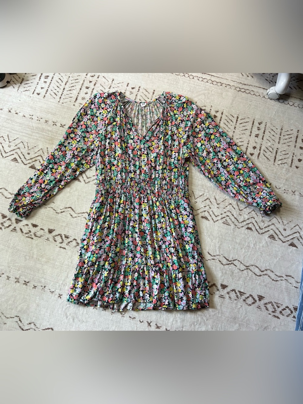 GAP Floral Smocked Waist Mini Dress Long Sleeve Cottagecore Size L Boho - Picture 2 of 7